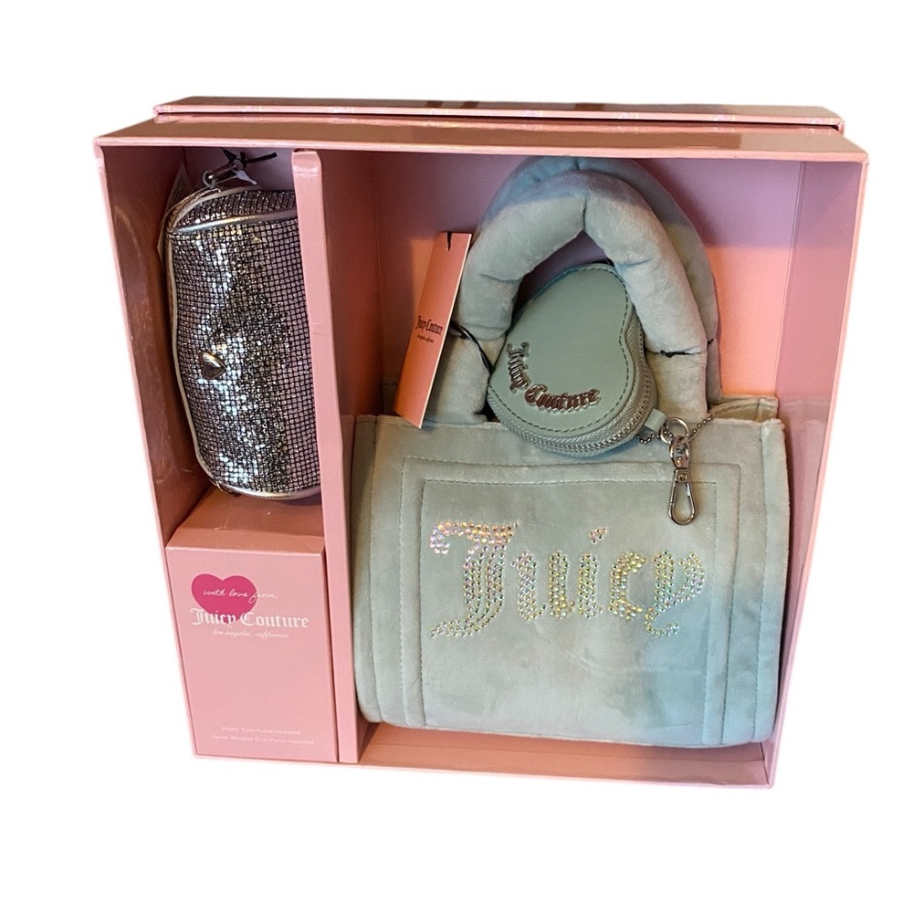 Juicy Couture Mint Green Velour Cosmetic Bag Set with Rhinestone Logo